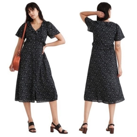 Madewell Ruffled Tiered Black Floral Midi Dress in Dotted Vines size 2 - Picture 1 of 5
